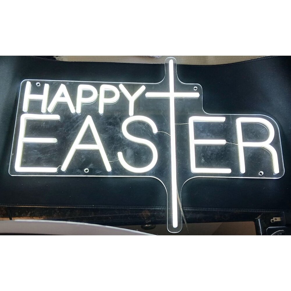 Happy Easter LED Neon Acrylic Vinyl White Lights Sign Bonus Cross Heart Keychai